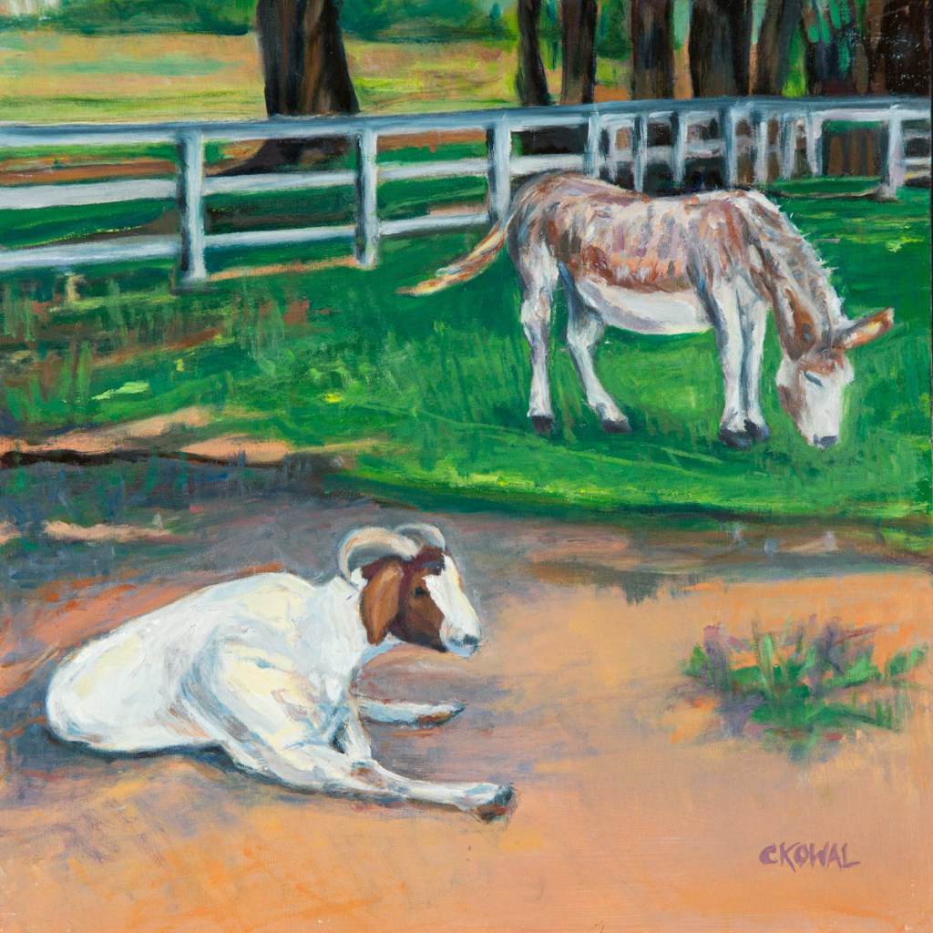Painting: Sitting Goat Grazing Donkey